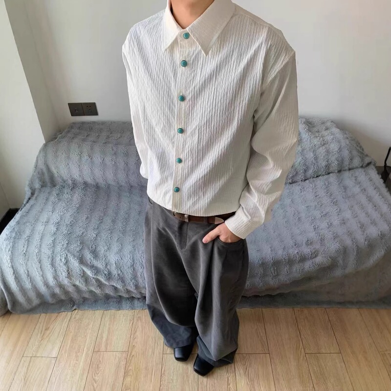 Turquoise Textured Long-Sleeve Shirt for Men, Spring and Autumn American-Style Pleated Old Money Cleanfit Shirt Jacket Trendy