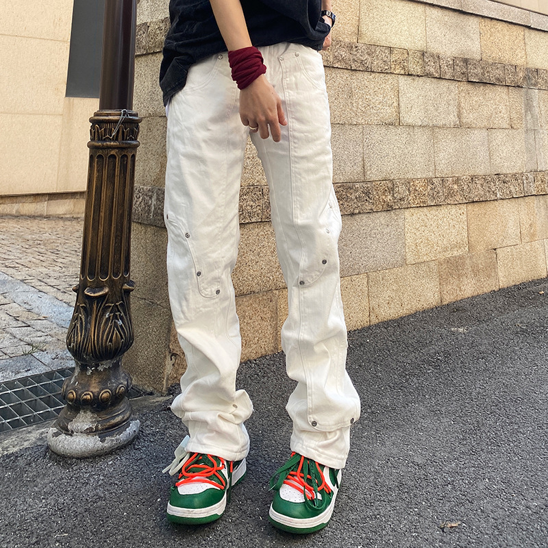American-Style White Jeans with Rivet Design, Versatile Straight-Leg Unisex Bf Trendy Brand Floor-Length Loose Straight-Leg Pants