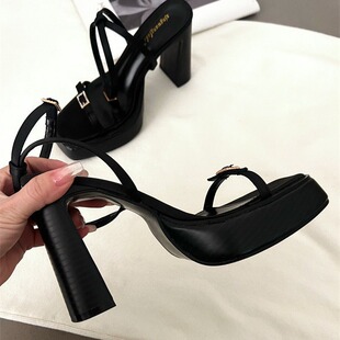 2024 Summer Pu Caiying rose same thick-soled platform high heels women's one-strap chunky heel rhinestone high heel sandals