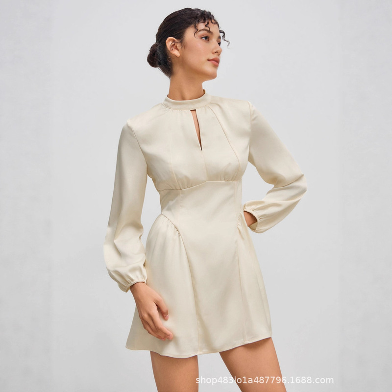 Amazon Cross-Border European and American New Women's Puff Sleeve Stand Collar Hollow Waist Ruffle Mini Dress