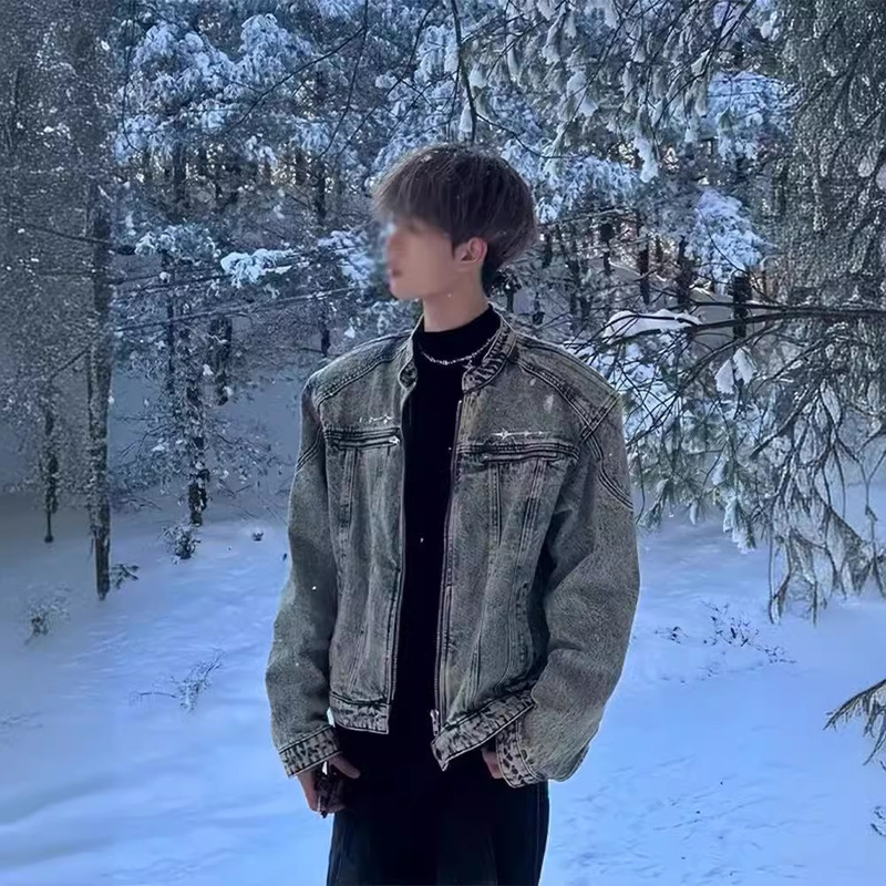 American Style Short Denim Jacket Men's High-end Feeling New-style Handsome Hair Stylist Trendy Brand Men's Shoulder Pad Collar Jeans Jacket