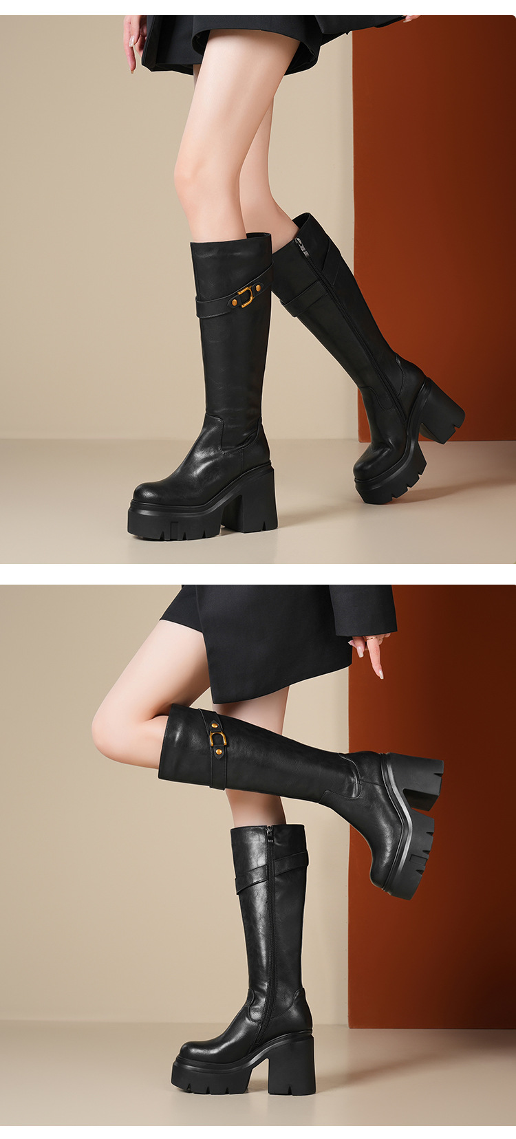 Boot nữ cổ cao ôm bắp chân khóa kéo đế dày gót cao — Lót nhung đen chi tiết 2