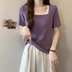 夏新作右肩Tシャツレディース半袖シンプルスクエアネックコントラストカラー太mm大きいサイズトップス痩身ゆったりお腹カバー