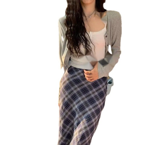 Plus Size Women's Grid Semi-Skirt, Plaid Autumn/Winter Long Skirt Over Knee A-Line Skirt, Stylish Youthful Women's Skirt