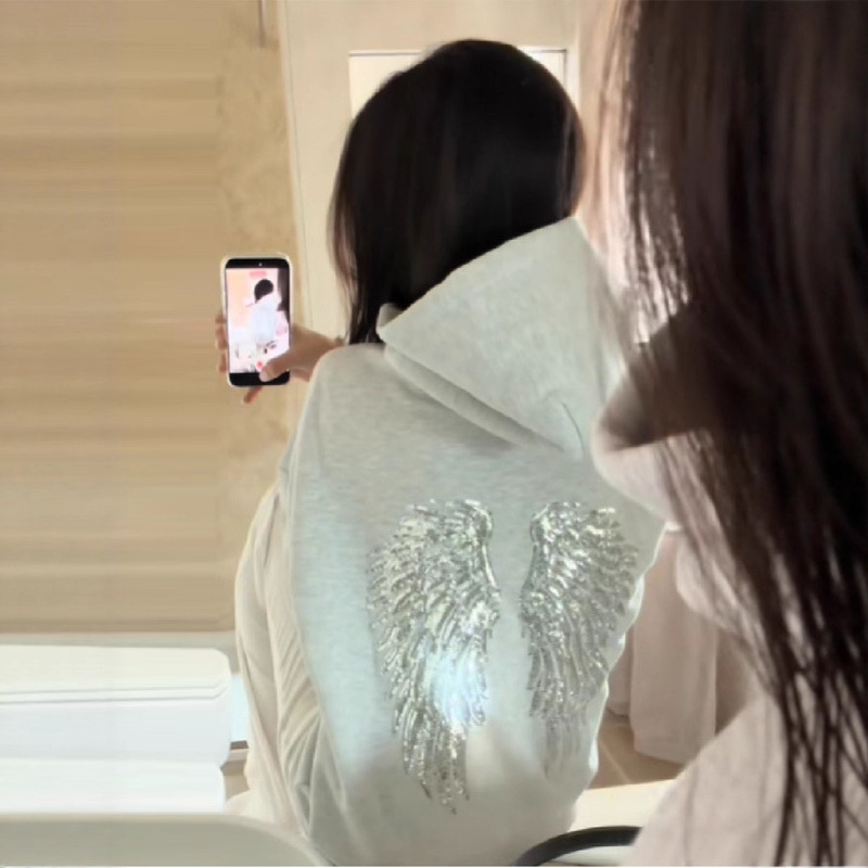 In Stock - Cross-Border Wing Pattern Hooded Sweatshirt Autumn and Winter Women's New Simple Casual Style Sweatshirt and Pants Set