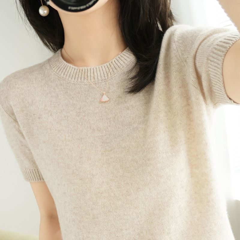 Korean-style Round Neck Pullover Knitted Base Shirt 2025 Summer New Chic Top Solid Color All-match Short-sleeved T-shirt for Women