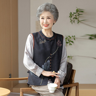 Middle-Aged and Elderly Mothers Spring and Summer New Mulberry Silk Vest Sleeveless Waistcoat Grandma Old Lady Tang Suit Silk Vest for Women