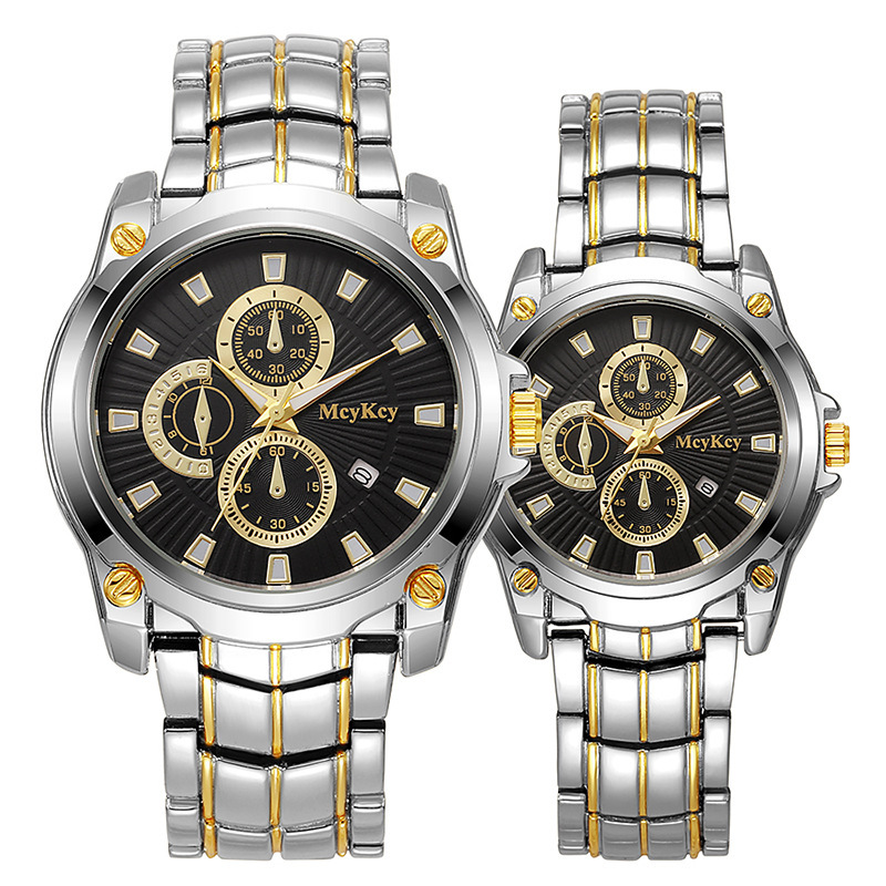 Nuevo reloj de correa de acero de pareja de aleación transfronteriza clásico negocio de tres ojos gran esfera impermeable fábrica de relojes de cuarzo al por mayor