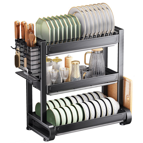 Three-layer stainless steel kitchen dish rack, multi-functional drain bowl rack, countertop household knife, bowl and chopstick storage rack