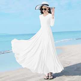 双层大摆跳舞长裙显瘦长袖雪纺连衣裙女沙滩裙大码中长款过膝裙子