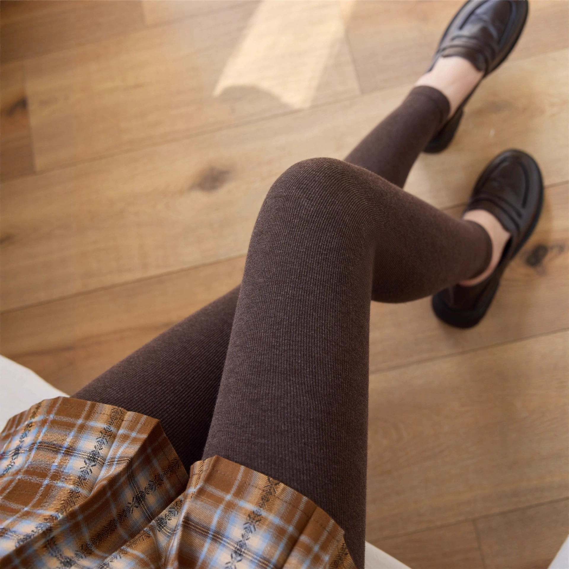 打底裤女无缝薄款春秋细条纹九分裤咖色微压显瘦棉裤袜秋裤不连脚