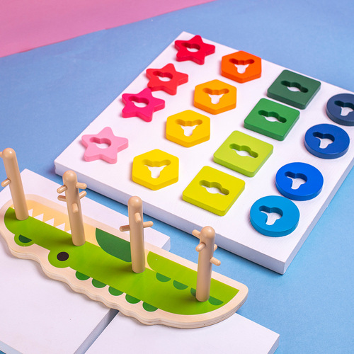 Wooden Baby Crocodile Puzzle Building Blocks Set for Preschoolers - 4 Pcs Geometric Shape Matching and Stacking Toys for Toddlers