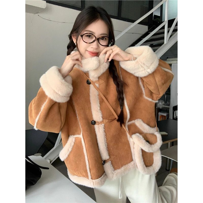Suede Splicing Long-Sleeved Jacket for Women in Autumn and Winter Retro Thickeneded Warm and Cute Fur All-In-One Motorcycle Jacket Top