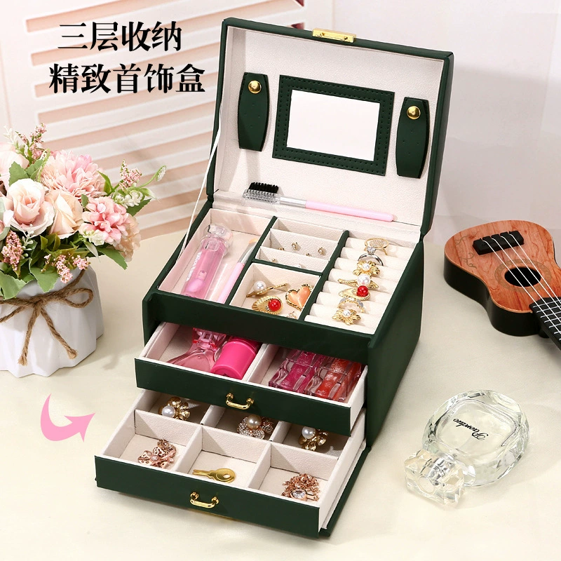 Трансграничная бесплатная доставка: трехслойная кожаная шкатулка для украшений с двойными ящиками для ювелирных изделий, серег, ожерелий, в простом скандинавском стиле, утолщенная шкатулка для украшений.