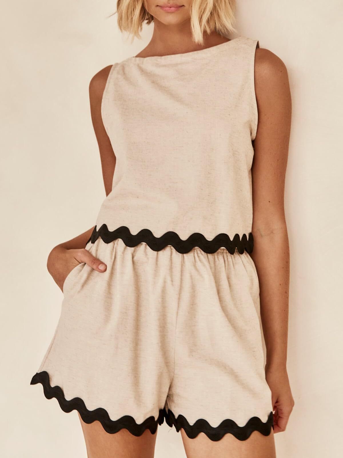 227g Weight Sleeveless Sleeve Length Linen, Lace Fabric Type Shorts Pants Type Shorts Co-ord Set Sets Type 2 Pieces Set Quantity Daily Occasion Round Neck Neckline Loose Fit Type Color Block, Waves Pattern Summer Season Women's Gender Casual Style Lace Craft Daily Women's Casual Color Block Waves Linen Lace Shorts Co-ord Set Shorts Shorts Sets 1