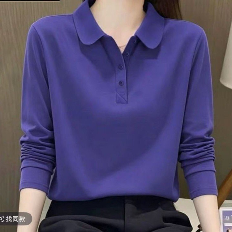 Dropshipping popular casual long-sleeve T-shirt for women, 2026 autumn solid color polo shirt with a slimming effect and versatile design Dropshipping popular casual long-sleeve T-shirt for women, 2026 autumn solid color polo shirt with a slimming effect and versatile design