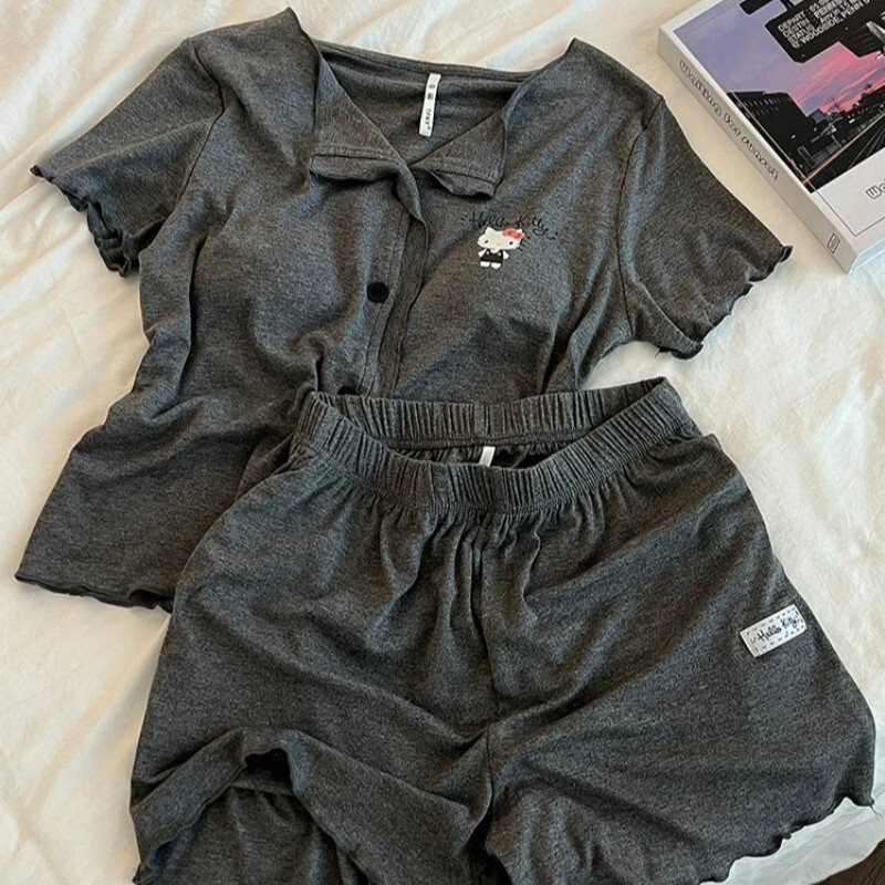 Dark Gray Kitten Cartoon Home Wear Set with Chest Pads, 2026 Summer New Trendy Short-Sleeve Shorts Outfit Dark Gray Kitten Cartoon Home Wear Set with Chest Pads, 2026 Summer New Trendy Short-Sleeve Shorts Outfit