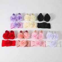 婴儿发带 宝宝亲肤柔软提花朵针织袜超弹力头带+尼龙花发饰套装