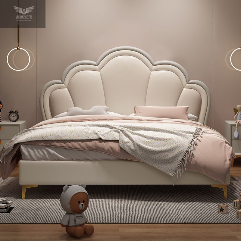 Cama infantil Cama de cuero cama de piel blanda 1.2m cama doble pétalos de crema francesa 1.8m cama infantil creativa