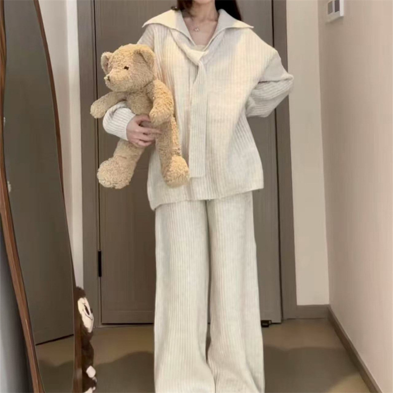 欧美时尚气质Polo领围脖毛衣高腰长裤针织衫秋冬新款跨境女式套装|undefined
