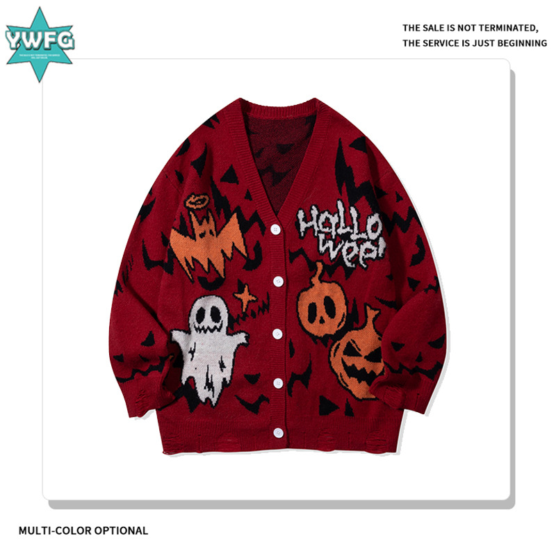 YWFG mujeres americanas retro calavera cardigan 2024 otoño pareja alta versátil cuello redondo manga larga jersey