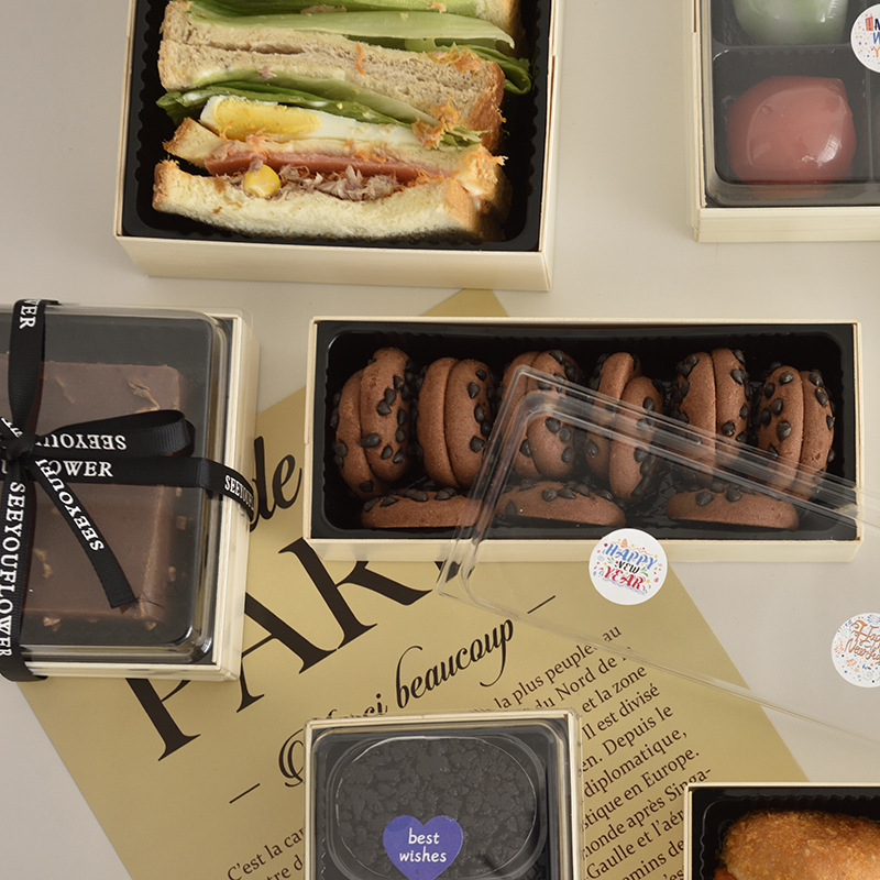 Caja de embalaje de dulces de madera desechable de madera, caja de embalaje de nieve, caja de embalaje de panadería de comida ligera con tapa