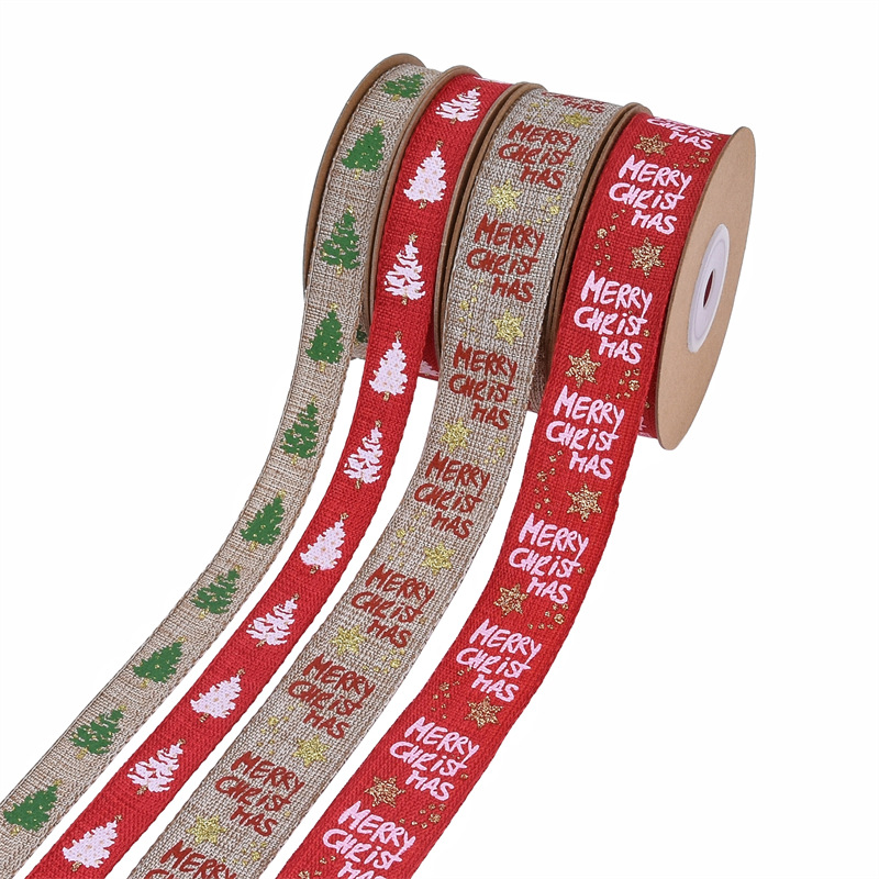 Comercio exterior Navidad imitación tela de lino polvo rociado oro fijación tela de lino rollo decoración de regalo de Navidad DIY mano impresión de cinta