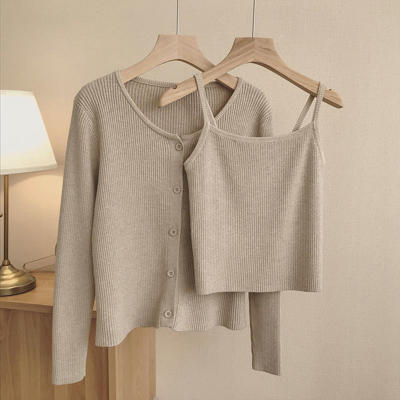 Good Texture Two-Piece Camisole Knitted Cardigan for Women 2025 Autum New Women's Sweater Suit Top