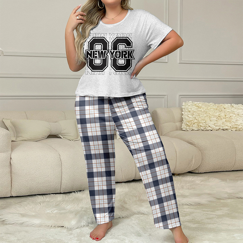 Women's Plus Size Pajamas European American Style Short Sleeved Plaid Pajama Pants Milk Silk 96 Home Wear Summer Sleepwear_voghion.com