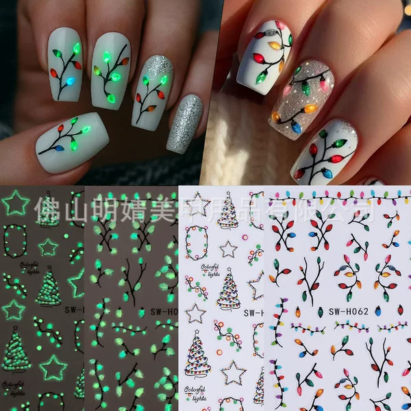 New Luminous Christmas Nail Art Stickers Ins Cross-Border Christmas Lights Luminous Christmas Tree Lights with Adhesive Stickers