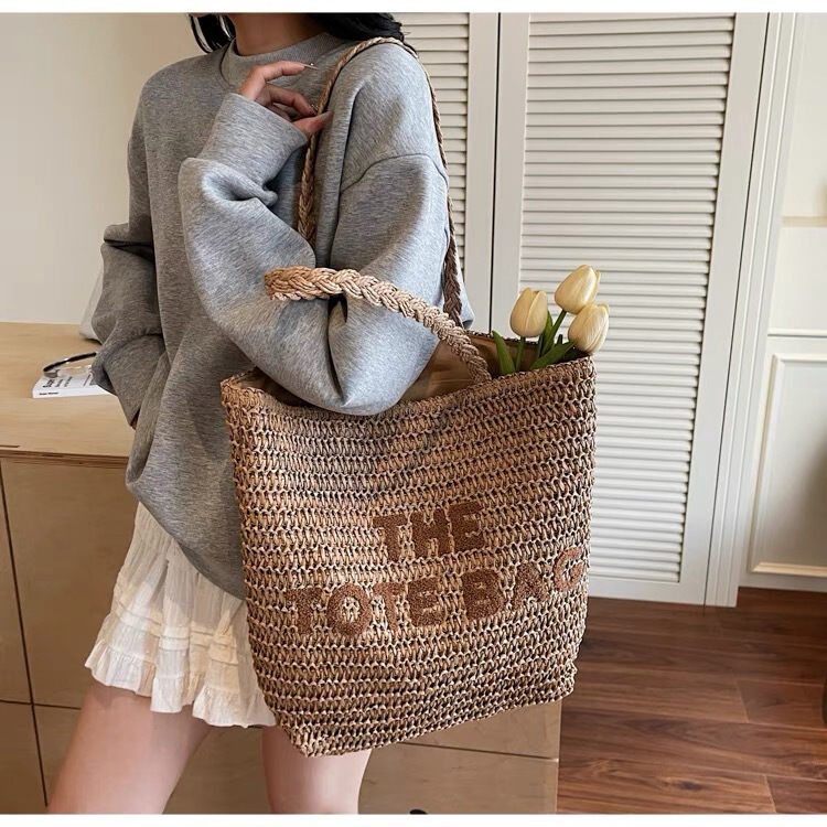 New Woven Bag Embroidered Shoulder Large Capacity Beach Shoulder Bag Cross-Border High-End Niche Lazy Bag Korean Style Bag