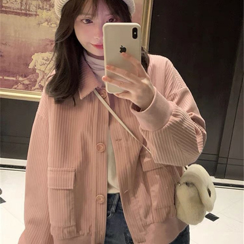 Women's Loose Fit Short Length Corduroy Jacket for Spring and Autumn, Versatile and Casual Outerwear, Layering Top