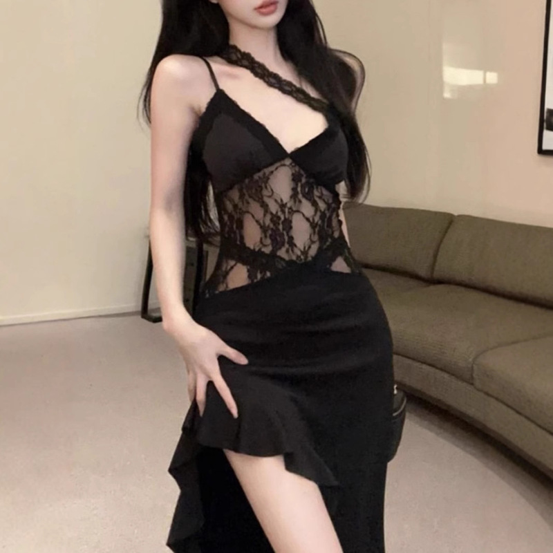 Pure Desire Sexy Hot Girl Hollow Lace Splicing Suspender Dress Women's Spring and Summer Royal Sister Slim Irregular Long Skirt