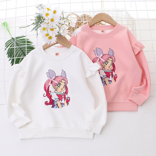 【】Children's clothing new style girls medium and large children's sweatshirts printed beautiful girls cute printed flying sleeves pullover lace