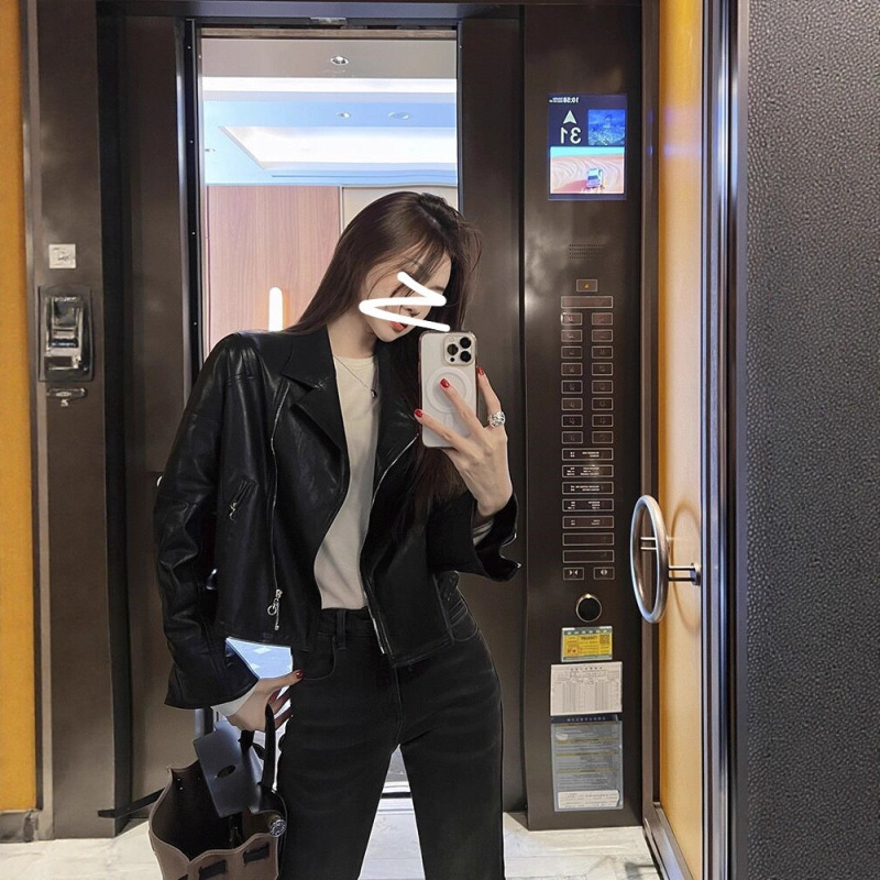 [Benefit] Genuine Leather Jacket for Women, First-Layer Goatskin Short Jacket, Suit Collar Slim Leather Jacket