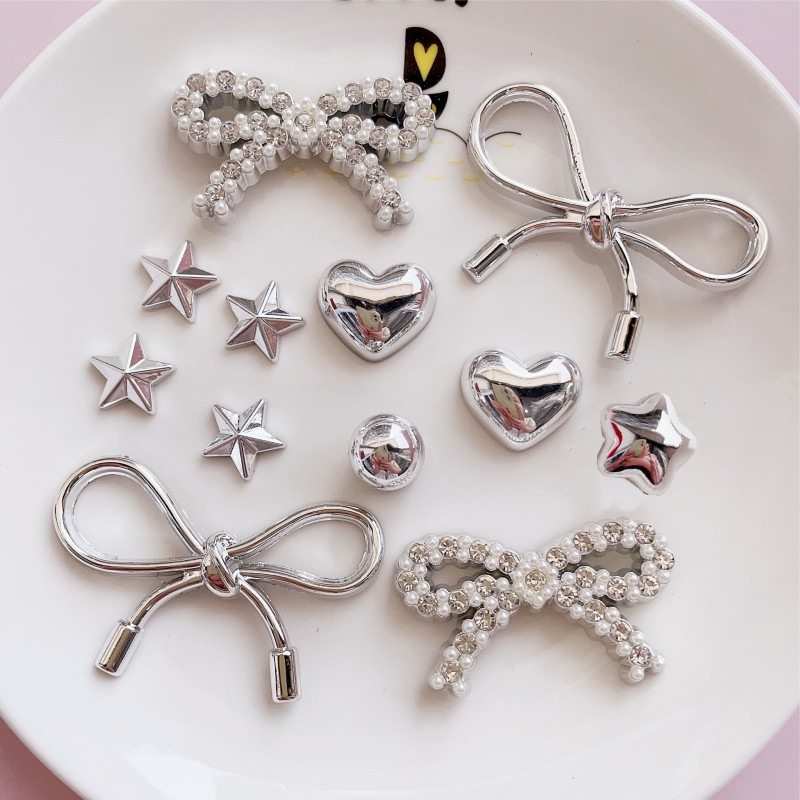 高级感银色珍珠蝴蝶结爱心鞋花饰品配件 diy洞洞鞋手机壳手工材料