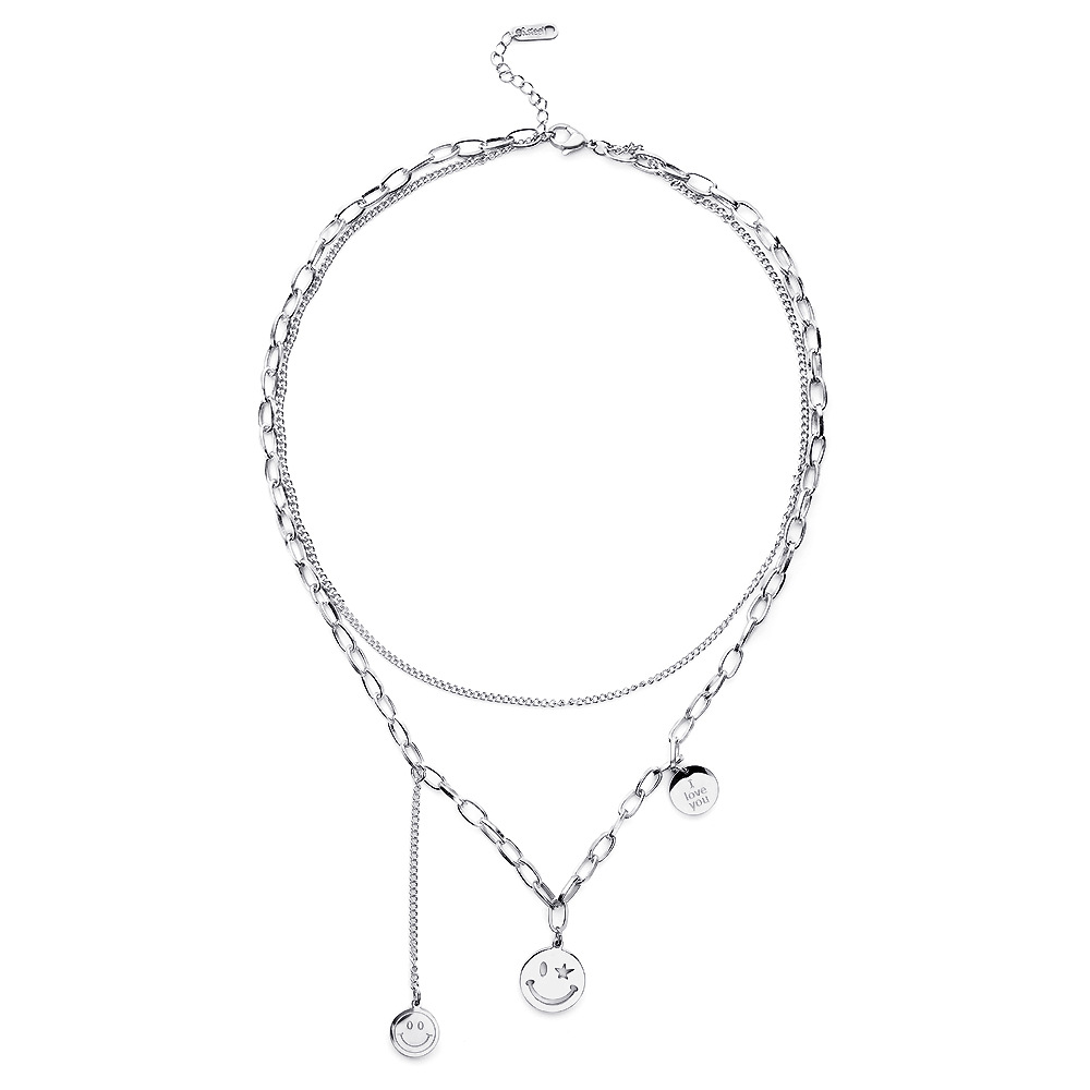 Titanium Steel smiley face necklace fashion doublelayer pendant clavicle chain sweaterpicture8