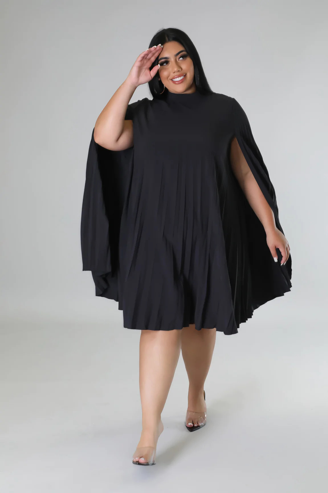 Fashion Solid Color Round Neck Long Sleeve Patchwork Polyester Plus Size Knee-Length Pleated Skirt
