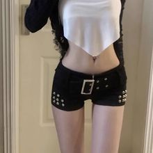 辣妹暗黑铆钉低腰超短牛仔短裤女团纯欲紧身包臀打底加绒靴裤