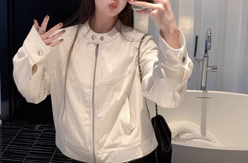妮式look 立领明线设计感休闲夹克女秋韩系短款外套白色藏青色|undefined