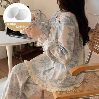 源头工厂带胸垫睡衣女士秋季新款方领长袖长裤流苏甜美家居服套装
