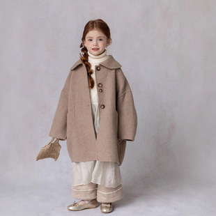 French Children's Wear Girls' Late Autumn Coat 2024 New Children's Western Style High-grade Grey Mid-length Woolen Coat