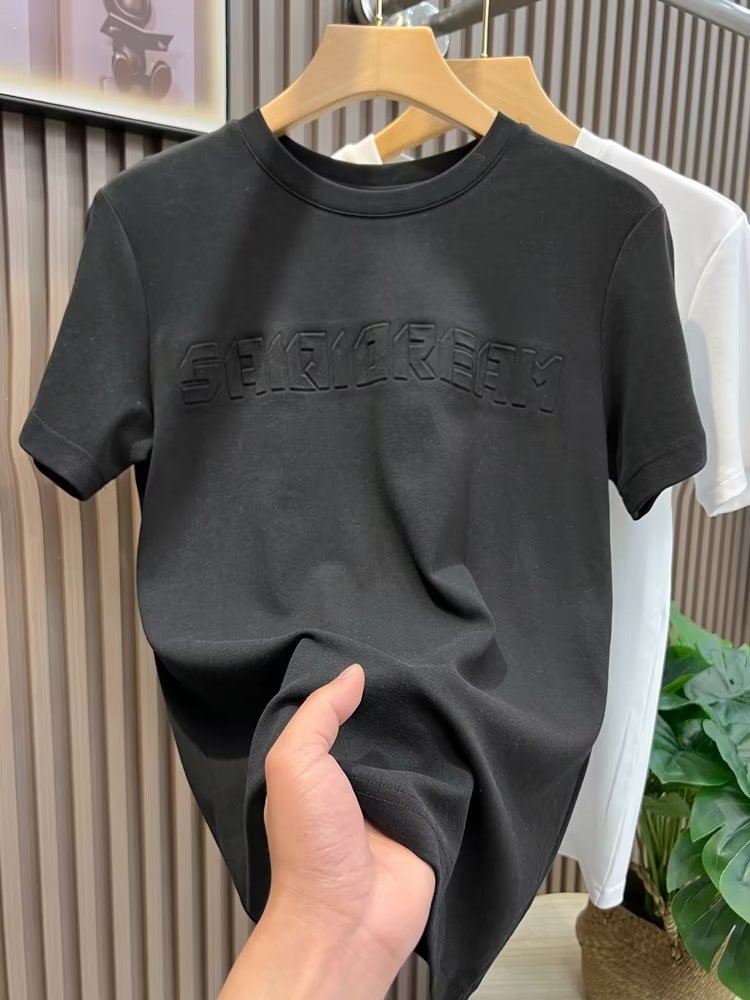 T-shirt jeune col rond, Instagram quotidien, marque tendance lettres et chiffres, texte d'été, manches 5/4, standard pour hommes_voghion.com