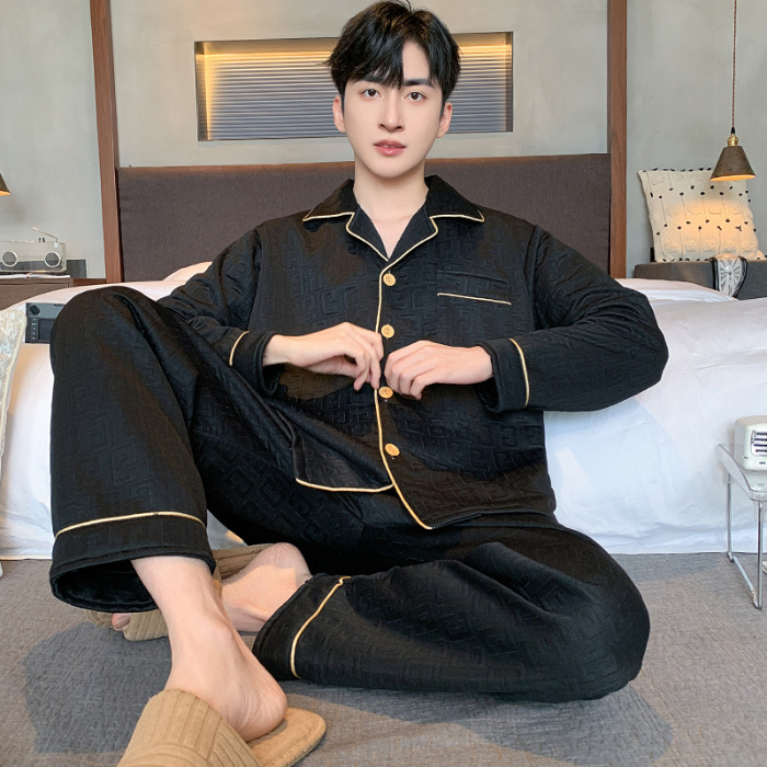 Pijama de algodón de aire para hombres primavera y otoño invierno intercalado de manga larga de algodón para jóvenes engrosados Cardigan conjunto de ropa para el hogar