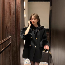 千金名媛蝴蝶结新款狐狸毛皮草外套女中长款毛呢羊毛双面呢大衣