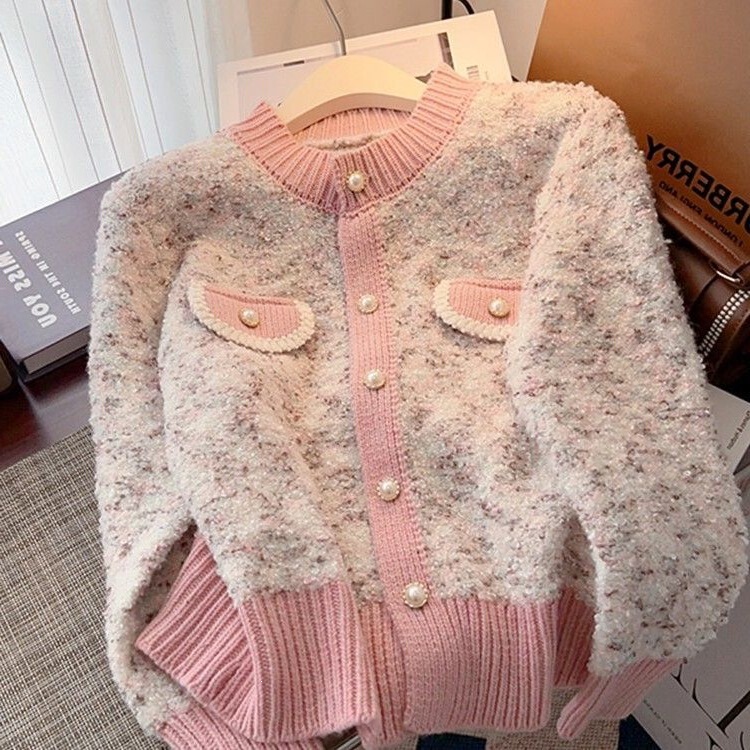 Chanel-style sweater jacket for women, autumn and winter knitted cardigan, thick and warm, light-colored with color accents, base top Chanel-style sweater jacket for women, autumn and winter knitted cardigan, thick and warm, light-colored with color accents, base top
