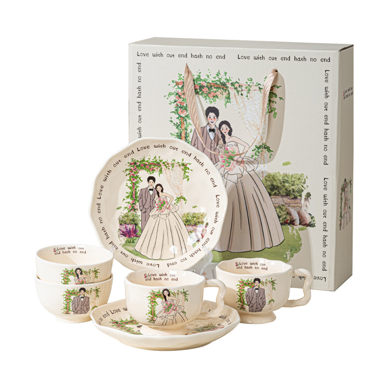 Vajilla para recién casados, juego de platos de cerámica, regalo de compromiso de boda de alto valor, regalo de novia, pareja nueva, caja de regalo premium image 6
