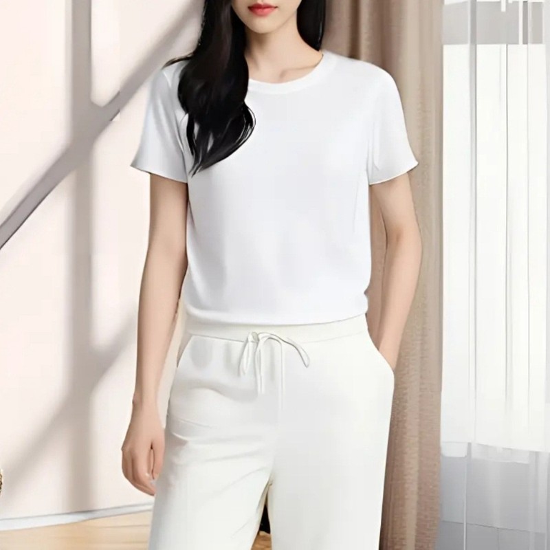 夏の新しいラウンドネック半袖スリムフィット春と夏のインナー弾性Tシャツファッショナブルなスリムフィットルーズレディース通気性|undefined