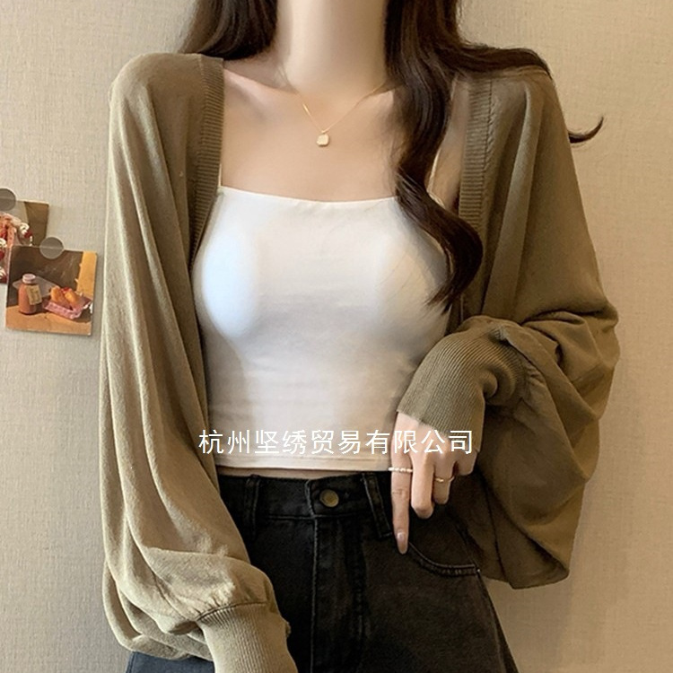 薄款冰丝开衫女吊带外搭罩衫大码胖mm慵懒风短款披肩外套上衣