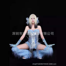 速卖通演出服酒吧夜店gogo演出服复古蓝长毛流苏性感高叉套装